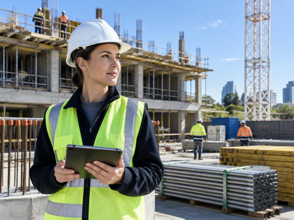 Site engineer with a tablet at a construction project