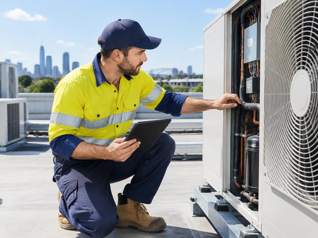 Field technician inspecting commercial equipment with a tablet