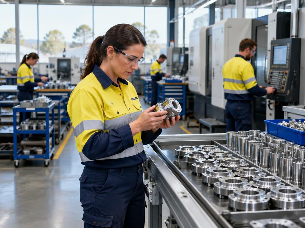 Production supervisor inspecting a component on a manufacturing line